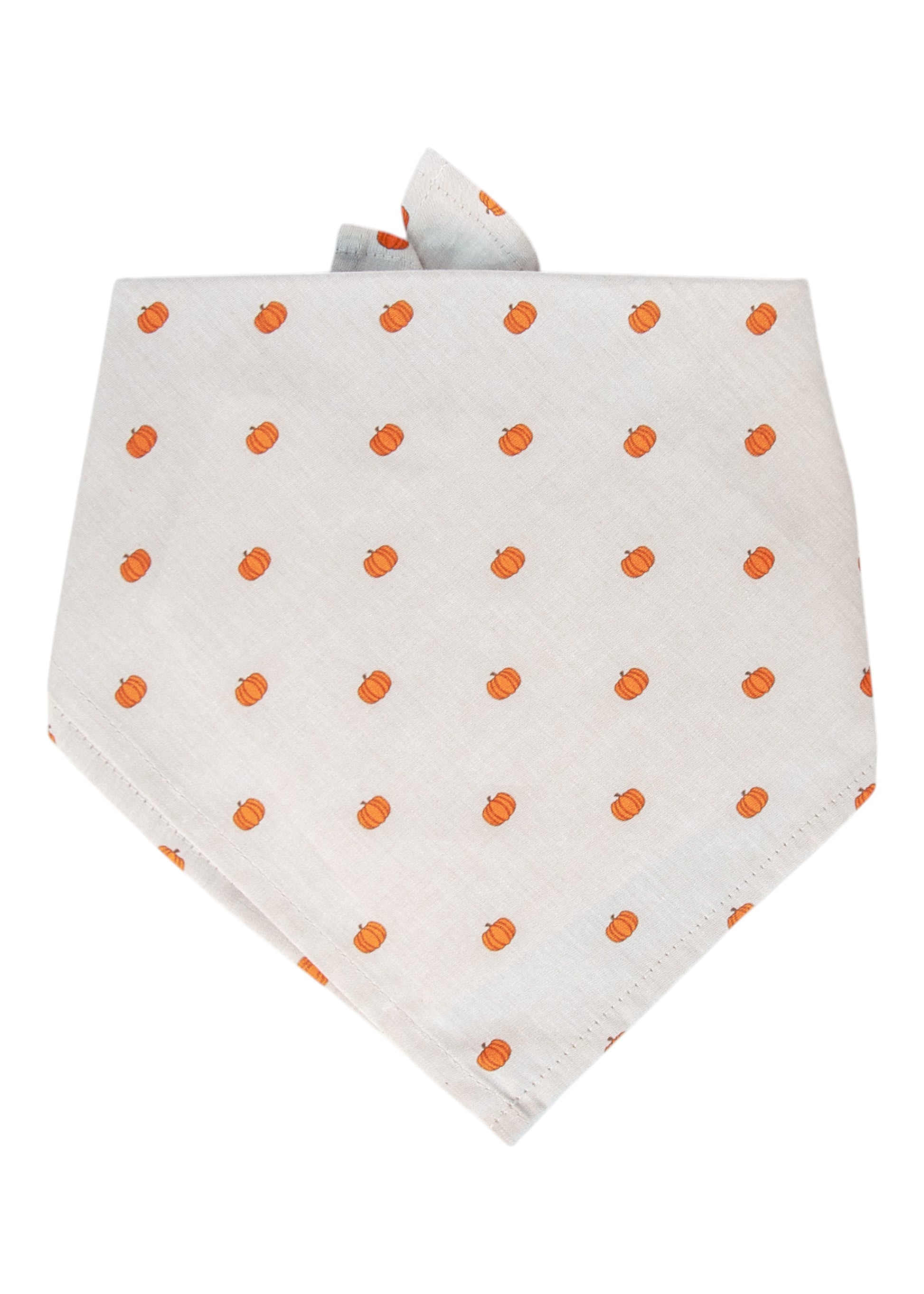 Neutral-toned dog bandana with a repetitive small pumpkin print on soft beige fabric. The classic triangular fold and tie-on design make it ideal for Halloween photos, Thanksgiving gatherings, or everyday fall flair.