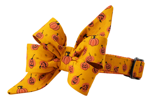 Festive pet collar with a dramatic orange bow, covered in a playful jack-o'-lantern and cat print, ideal for Halloween.