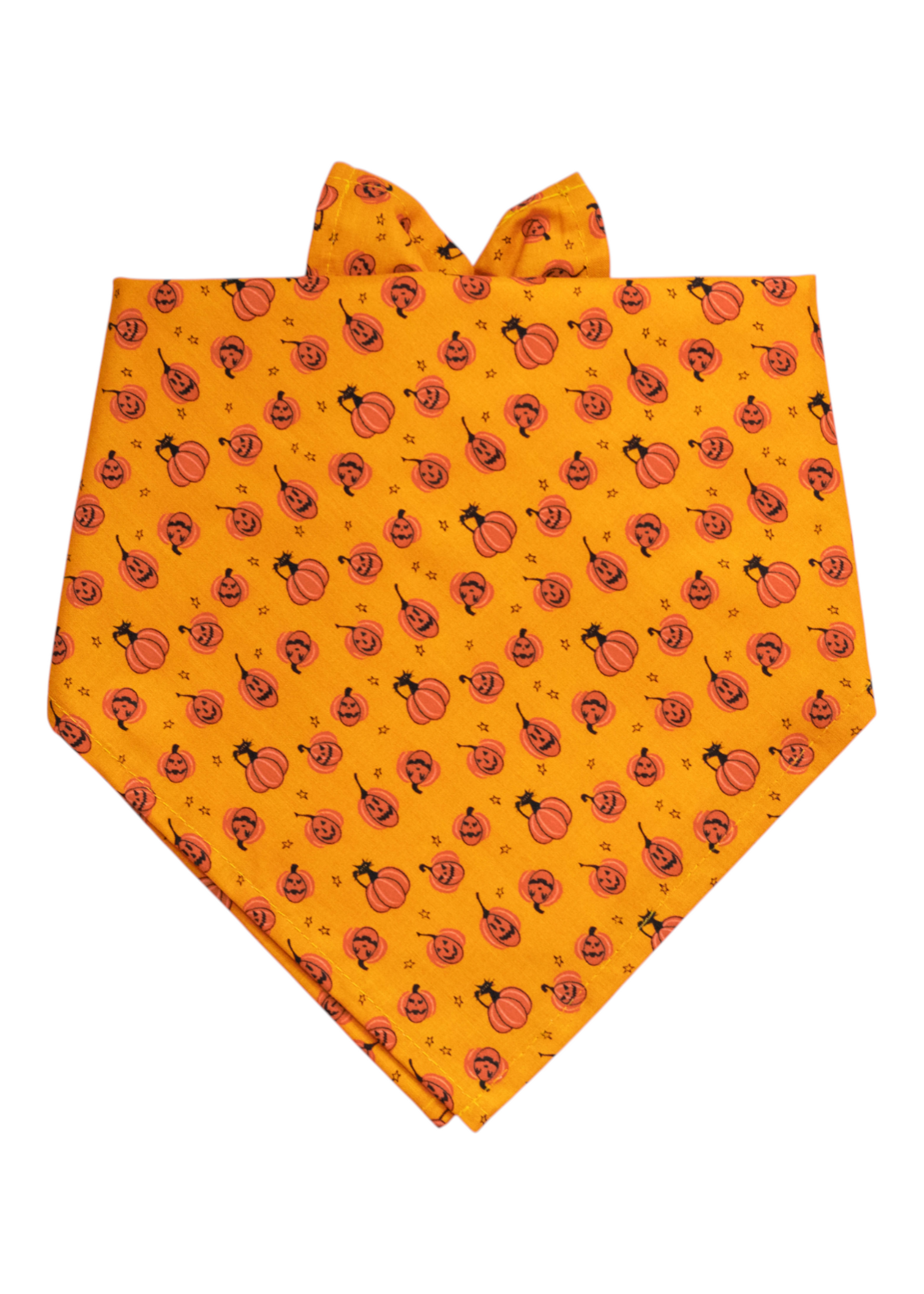Orange pet bandana featuring a playful pattern of pumpkins, smiling jack-o'-lanterns, cat silhouettes, and tiny stars.