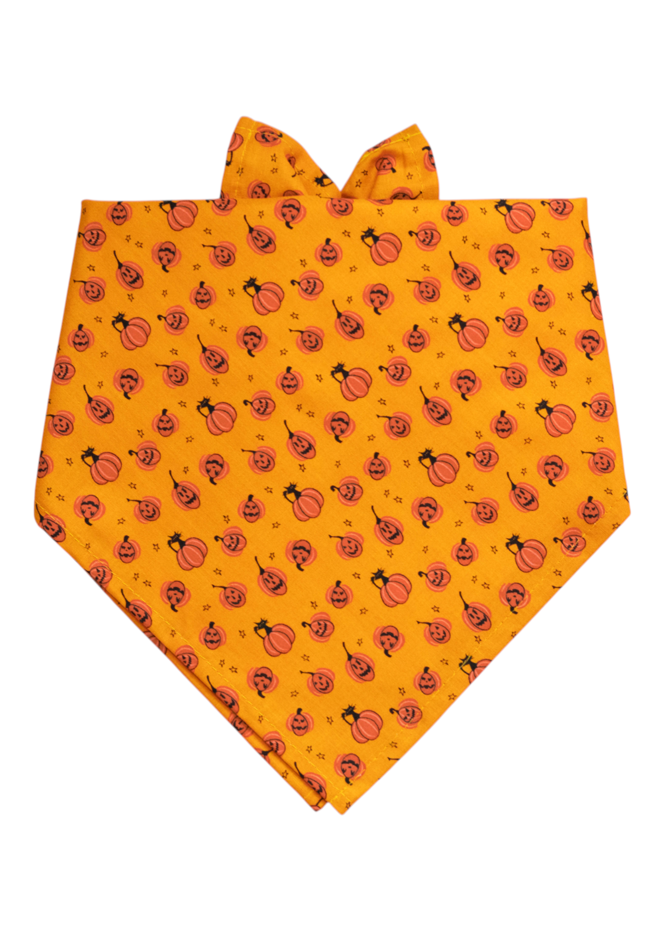 Orange pet bandana featuring a playful pattern of pumpkins, smiling jack-o'-lanterns, cat silhouettes, and tiny stars.