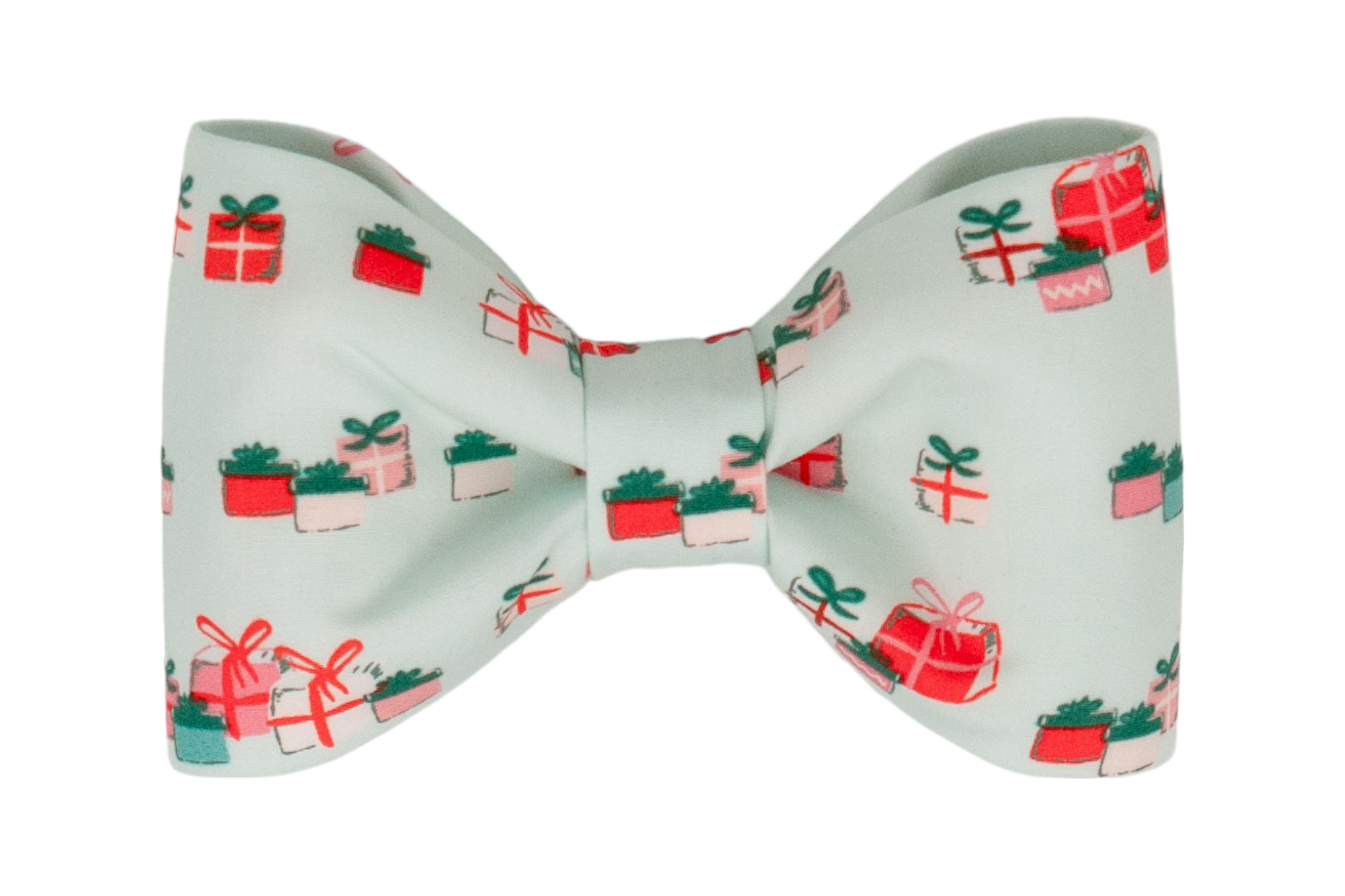 A holiday-themed dog bow tie made from green fabric, featuring a playful pattern of wrapped gift boxes in festive colors, each topped with bows. The bow tie is pre-tied with a central knot and structured, symmetrical loops for a polished look.