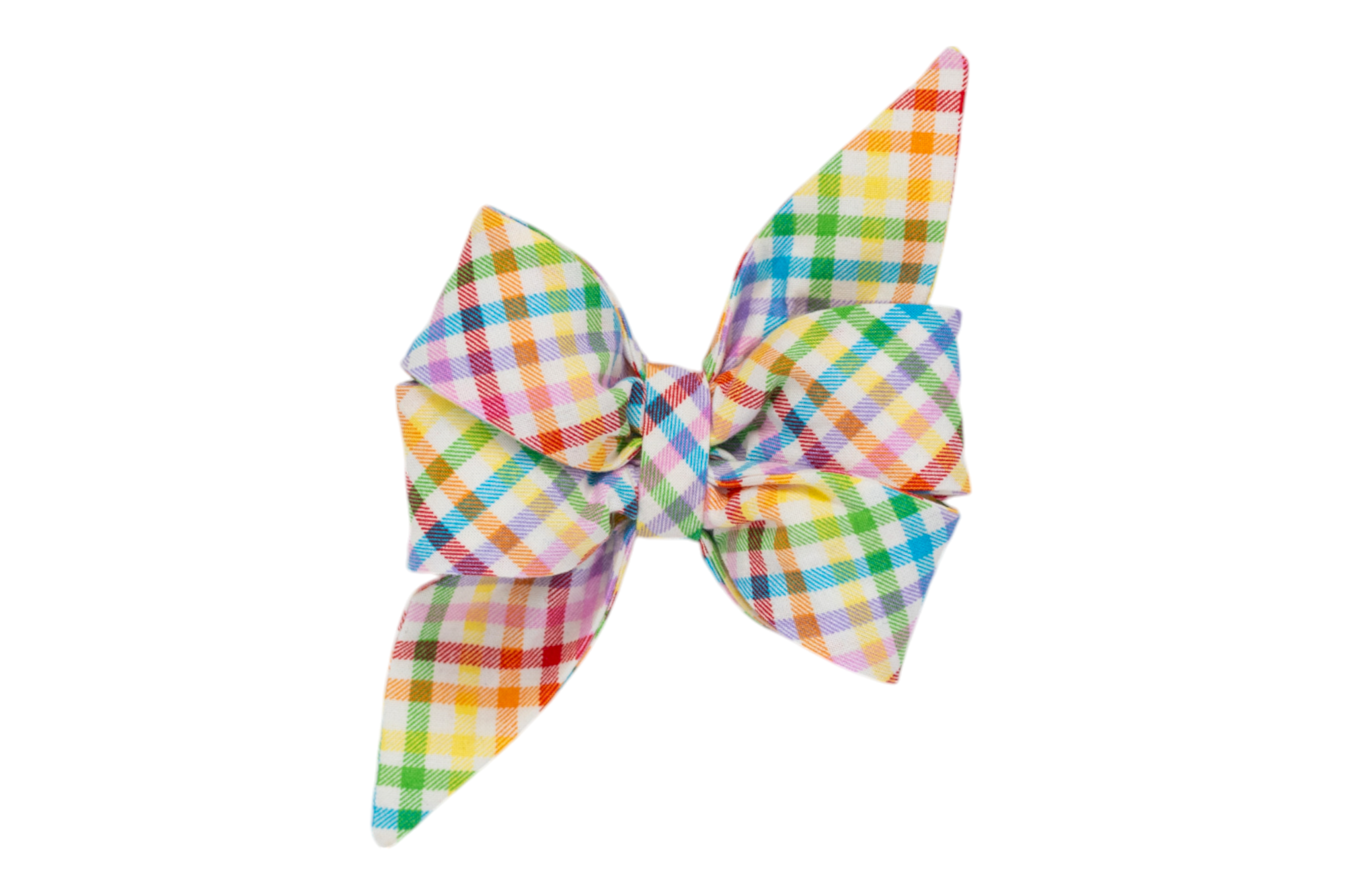 Handmade girl dog belle bow with a vibrant rainbow plaid pattern on a white background, featuring intersecting lines in red, blue, green, yellow, and purple. Your pup will be ready for Spring and Pride!