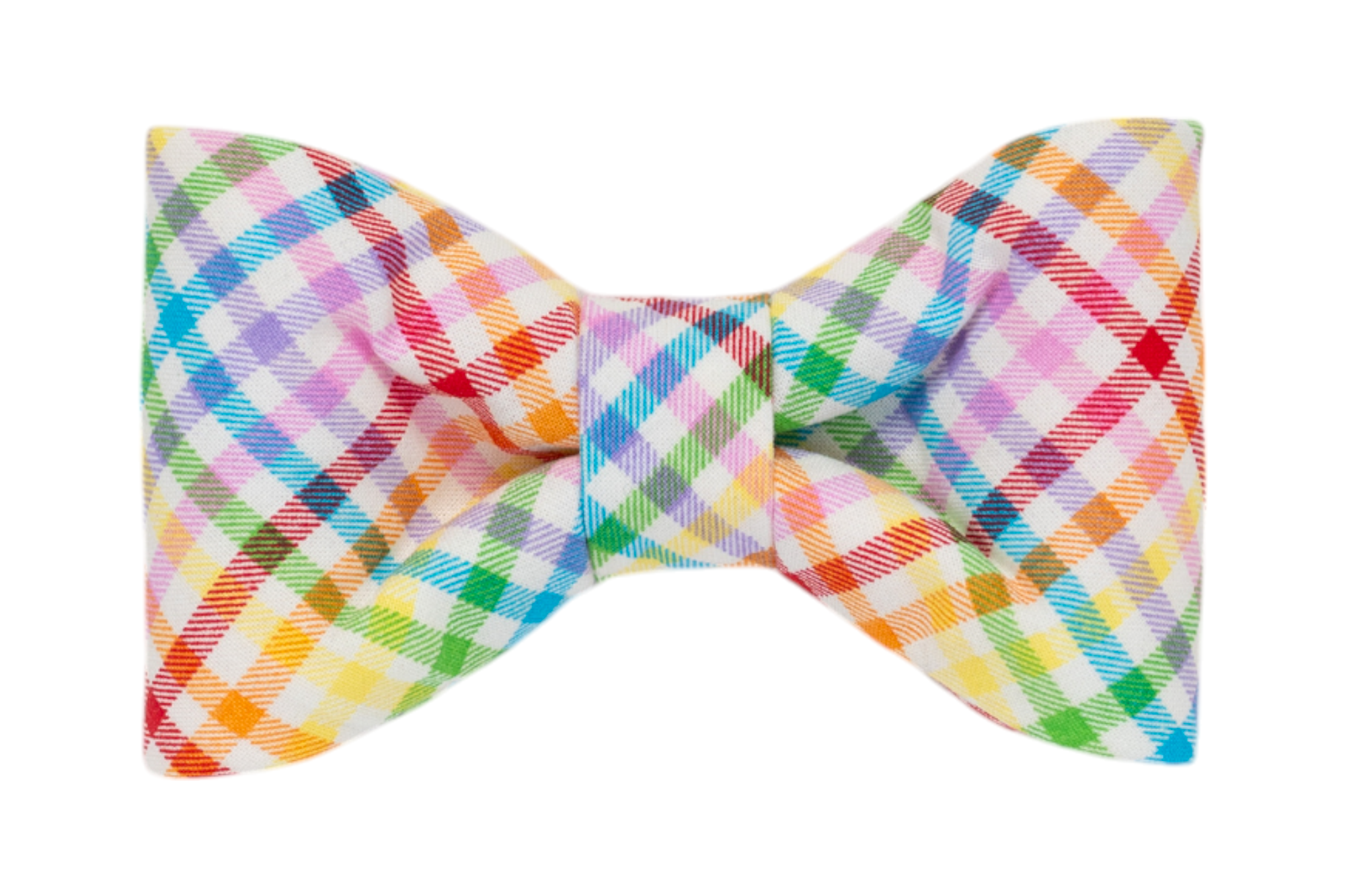 Handmade dog bow tie with a vibrant rainbow plaid pattern on a white background, featuring intersecting lines in red, blue, green, yellow, and purple. Your pup will be ready for Spring and Pride!
