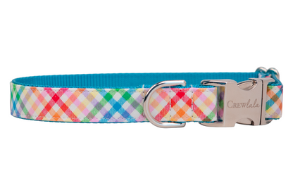 Vibrant multicolor plaid pet collar with a bold blue underside, featuring a silver buckle engraved with "Crewlala" and a sturdy D-ring.