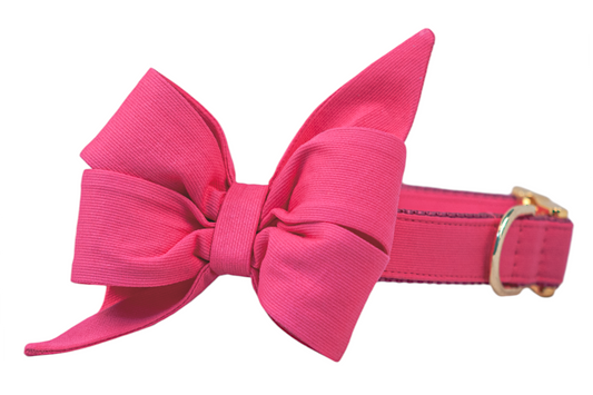 Bold and elegant dog collar in vibrant pink, paired with a matching structured oversized belle bow and luxe gold hardware—perfect for pups who love to make a fashionable impression.