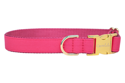 Vibrant pink dog collar with sleek gold hardware and premium stitched construction. Finished with a shiny gold engraved buckle and coordinating D-ring, this collar adds bold sophistication to any pup’s look.