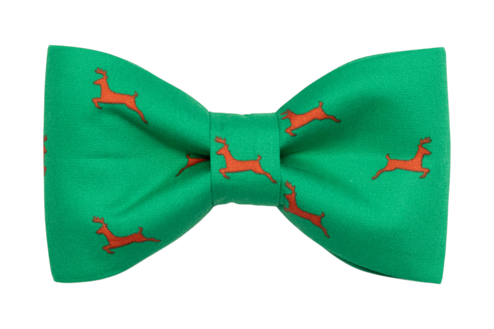 A holiday-themed dog bow tie made of green fabric and decorated with a repeating print of reindeer. The bow tie is neatly structured with clean pleats and a cinched center, perfect for festive occasions.