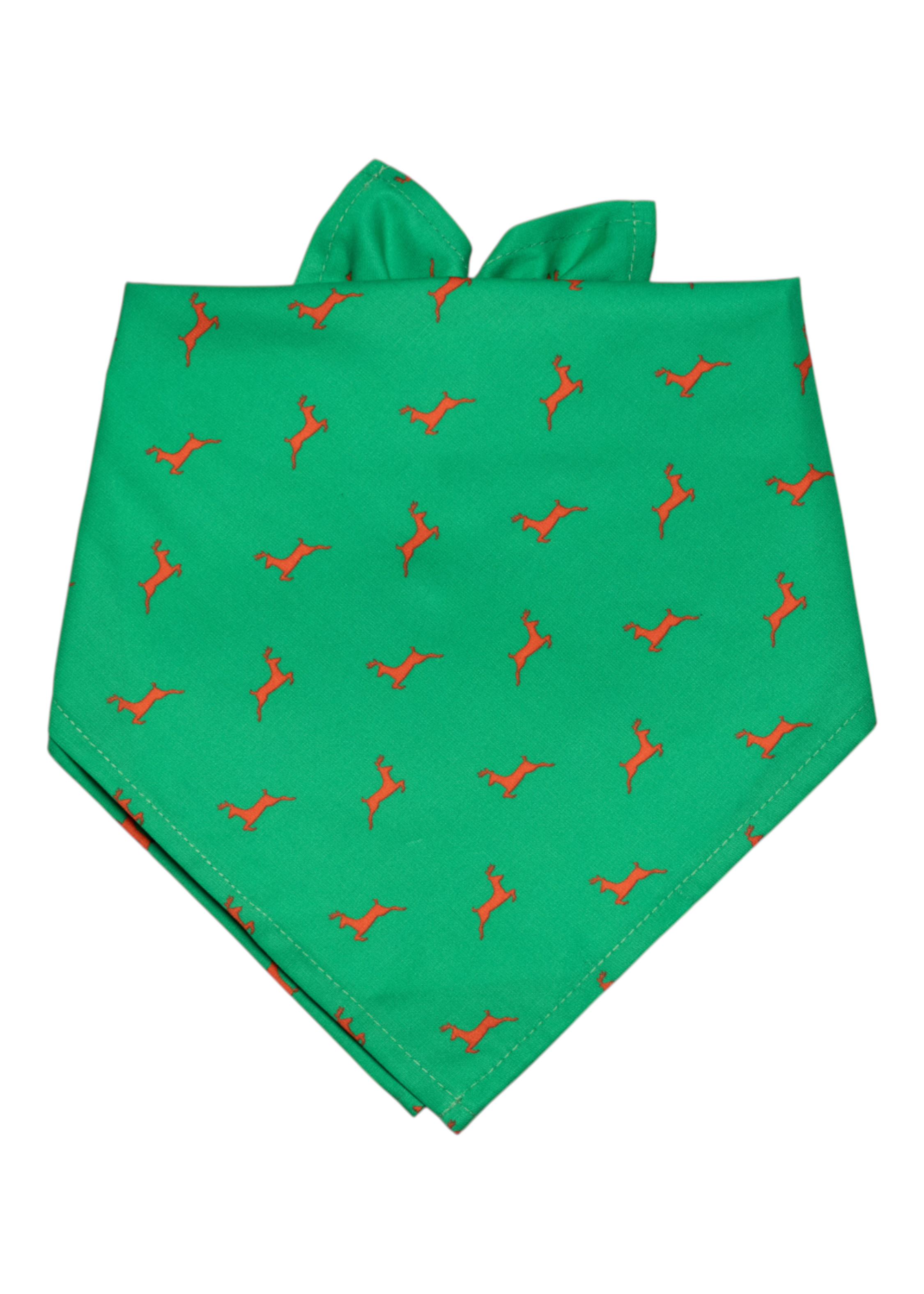 A holiday-themed dog bandana featuring a vibrant green background and a repeating reindeer motif. 