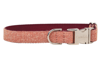 Adjustable dog collar with a red herringbone fabric exterior, lined with sturdy burgundy ribbed webbing, and fitted with polished hardware including a D-ring and side-release buckle engraved with “Crewlala.”