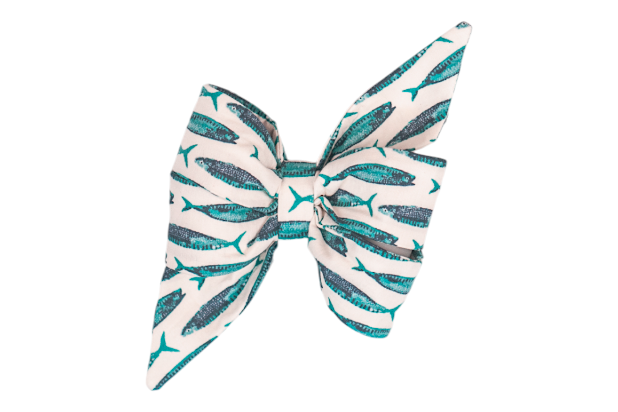 Girl dog belle bow with a nautical theme, featuring a pattern of turquoise and navy mackerel fish printed on an off-white background, offering a playful seaside look.