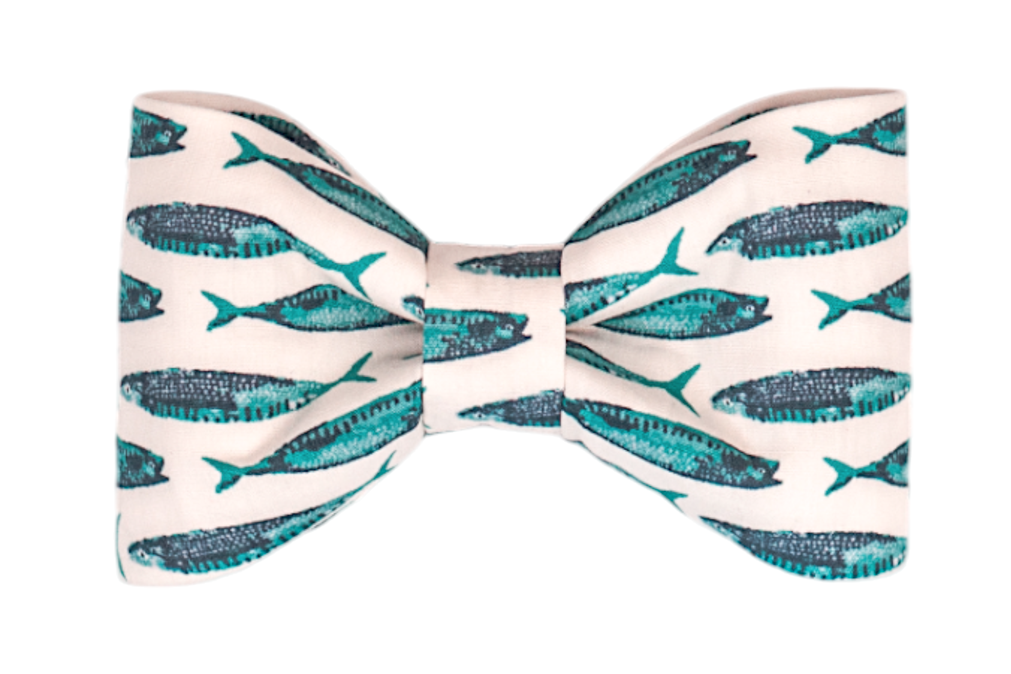 Dog bow tie with a nautical theme, featuring a pattern of turquoise and navy mackerel fish printed on an off-white background, offering a playful seaside look.
