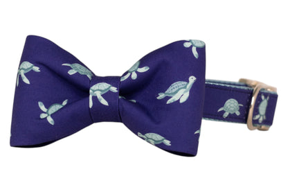 Navy dog collar with a playful sea turtle print in light turquoise, complemented by a matching bow tie and a polished metal buckle.