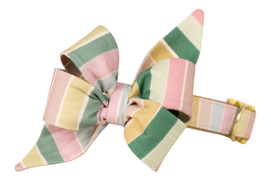 A pastel-striped dog collar with an oversized matching pointed bow, featuring wide horizontal stripes in pink, green, yellow, and cream, finished with gold hardware.