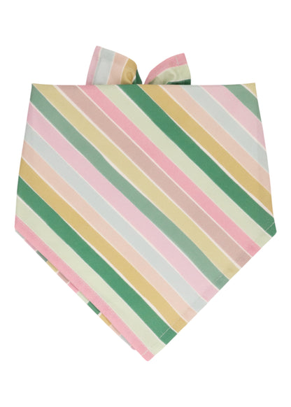 Striped dog bandana in soft pastel tones, featuring slanted bands of blush, sage, golden yellow, and ivory folded into a triangular shape.