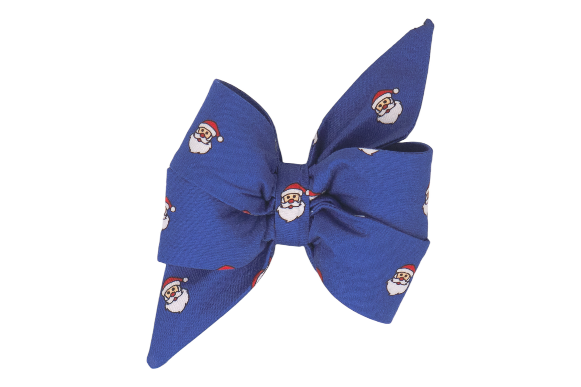 A festive oversized dog belle bow in bright blue, covered in jolly Santa Claus faces with pointed tails—perfect for pups who love to dress up for the holiday season.