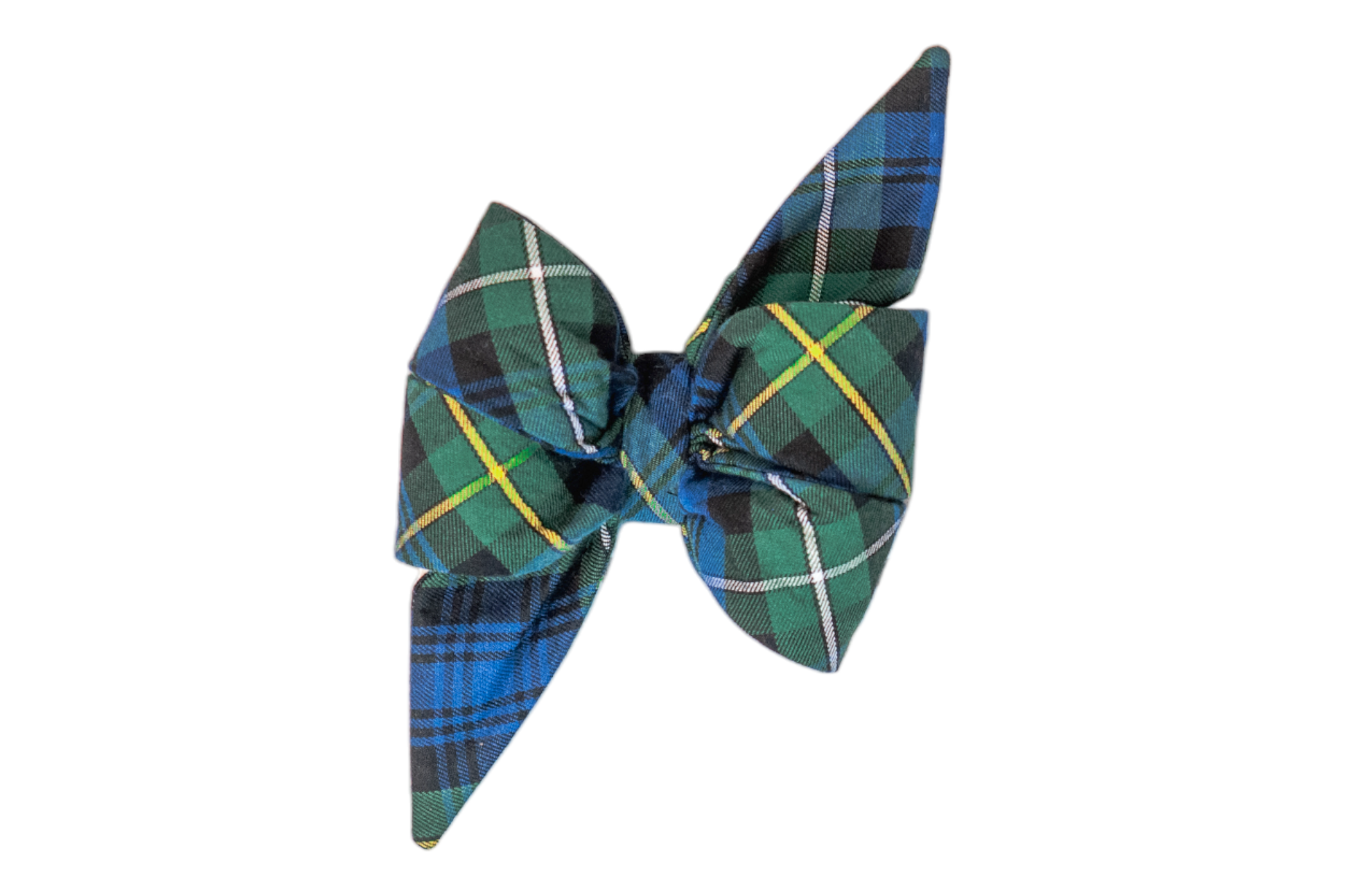 This oversized belle bow features a bold green and blue plaid pattern with light accents—perfect for pups who love a touch of traditional charm.