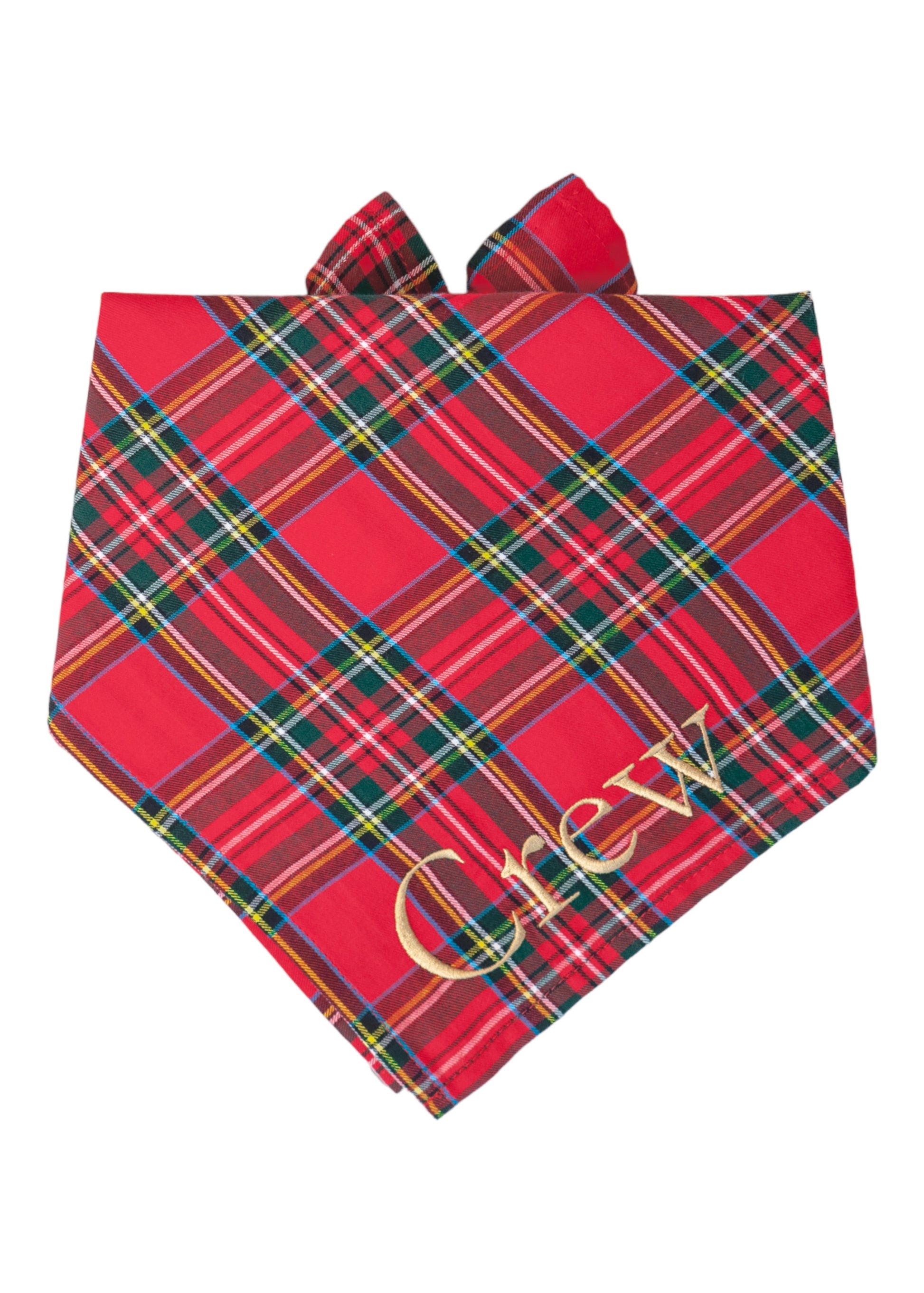 Holiday dog bandana featuring a bold red background and multicolor plaid stripes in classic hues—crafted in soft fabric with tie-on style for timeless Christmas cheer. The name "Crew" is embroidered on the bottom right.