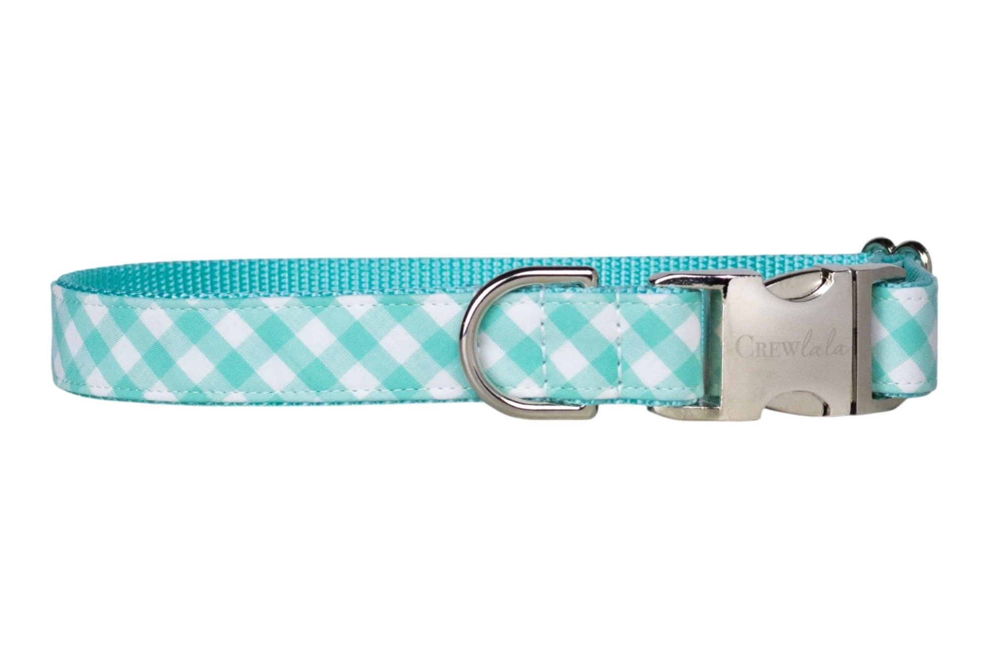 Seafoam green and white gingham dog collar featuring a classic checkered pattern, a silver-tone D-ring, and a matching metal buckle closure.