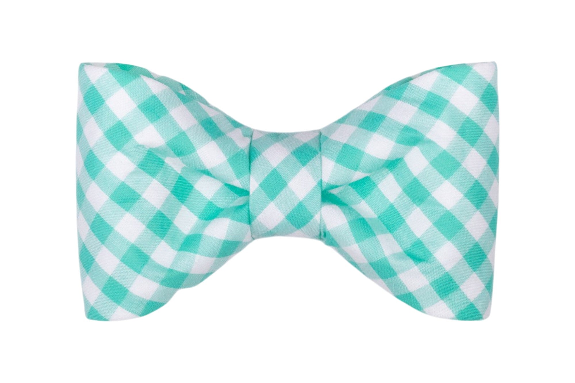 Seafoam green and white picnic plaid dog bow tie featuring a classic checkered pattern, structured loops, and a neatly wrapped center band. Displayed against a light gray background.