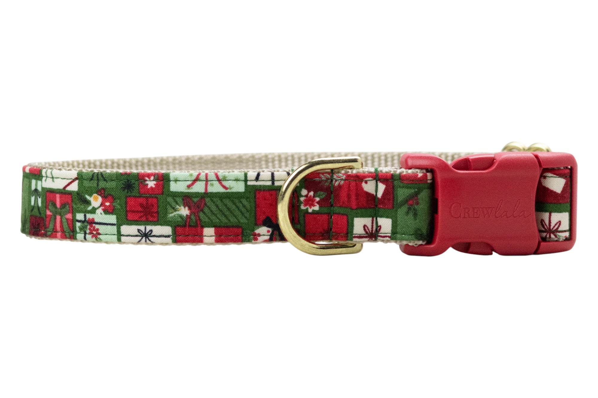 Holiday dog collar made from fabric featuring a tightly packed grid of gift boxes, each wrapped with decorative bows and tags in festive colors. The collar is backed with nylon webbing and finished with a branded “Crewlala” side-release buckle and D-ring.