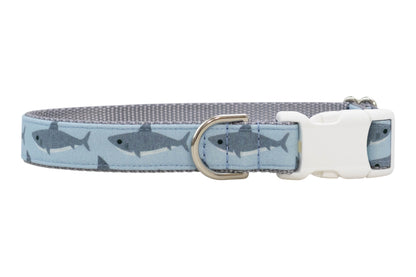 Blue shark-print dog collar featuring dark gray shark silhouettes, lined with gray webbing and finished with metal hardware and a sturdy white buckle.