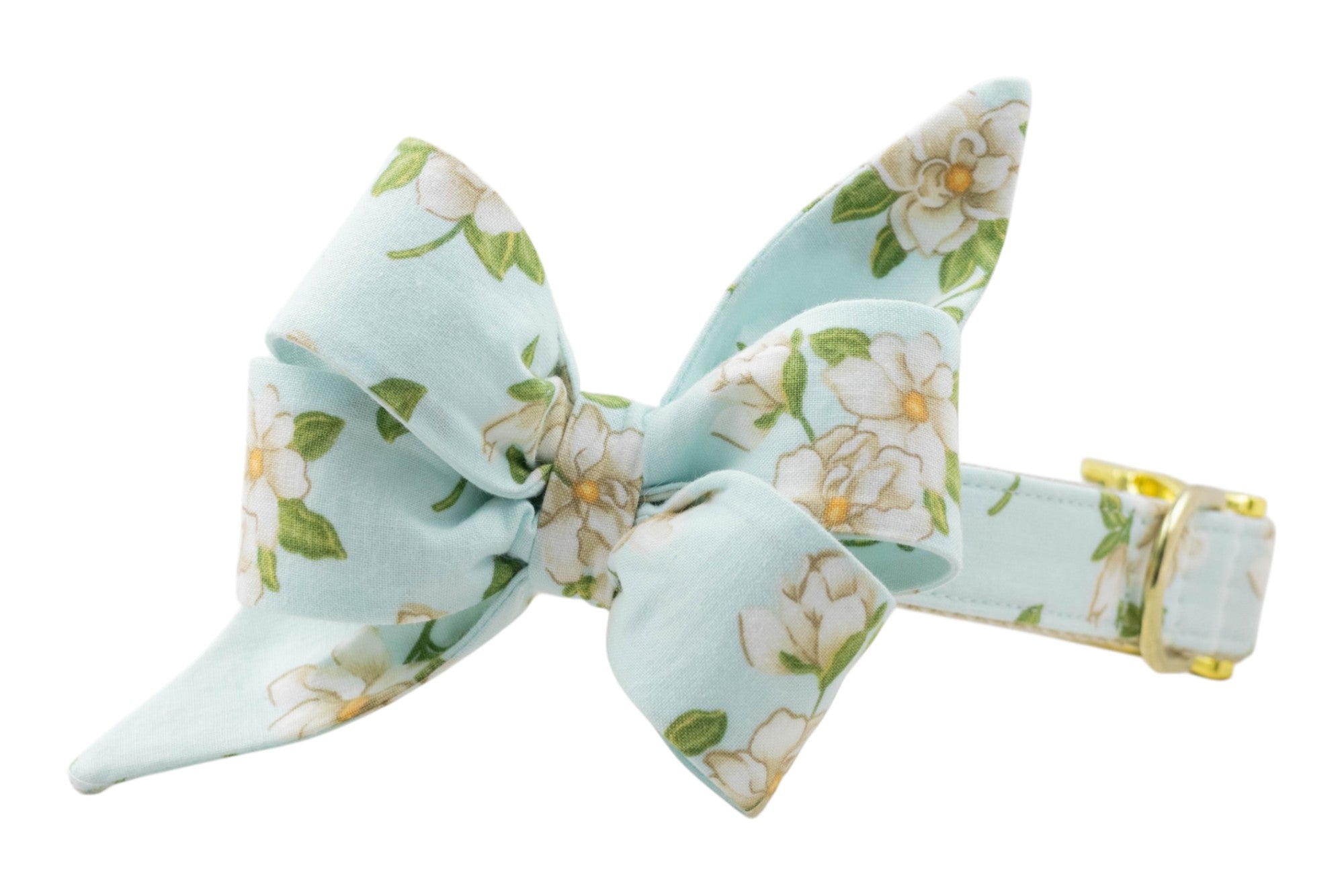 Light blue magnolia floral dog bow attached to a matching collar with gold hardware, a sweet and elegant accessory.