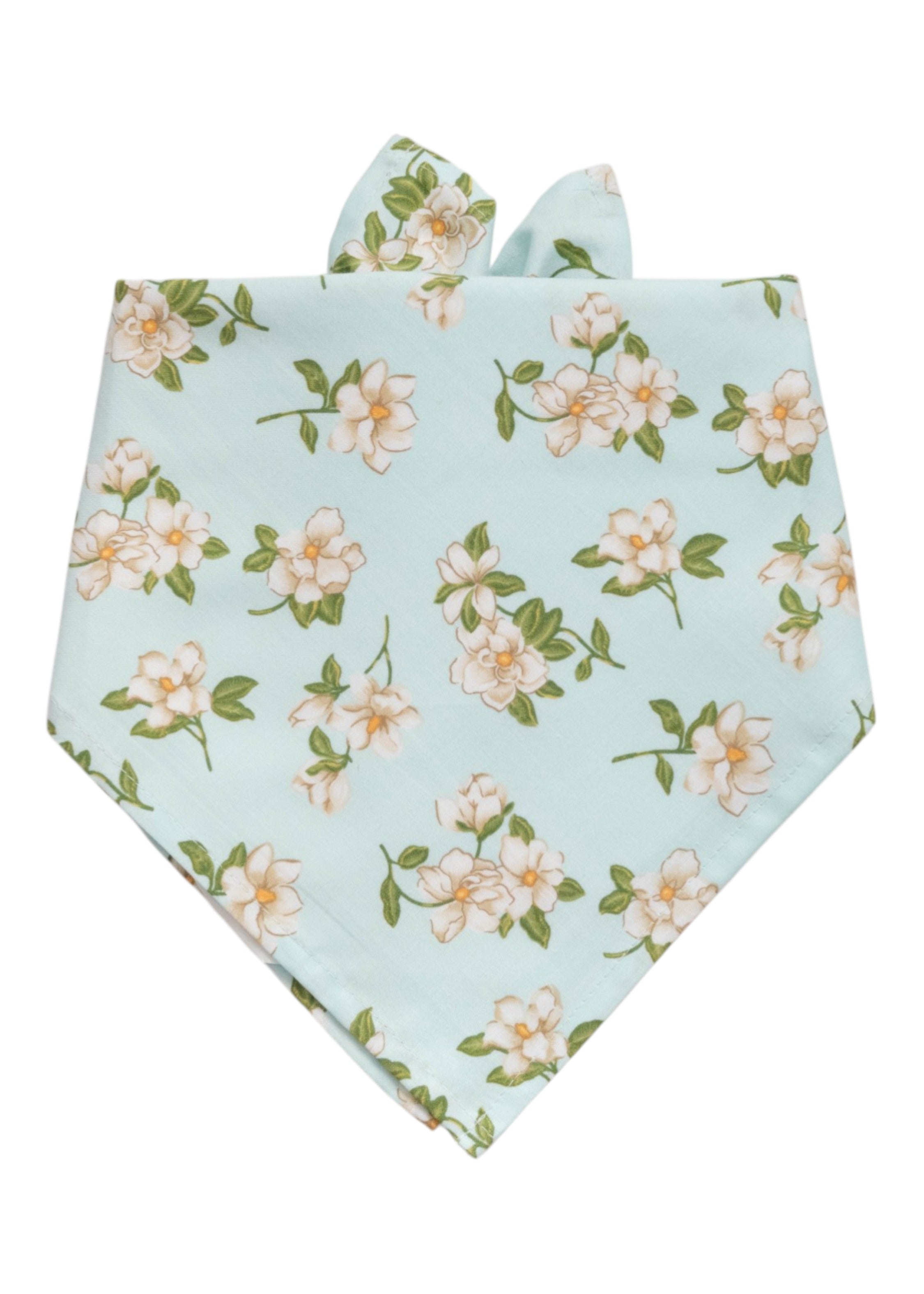 Light blue floral dog bandana with delicate white flowers and green leaves, a soft and charming accessory for stylish pups.