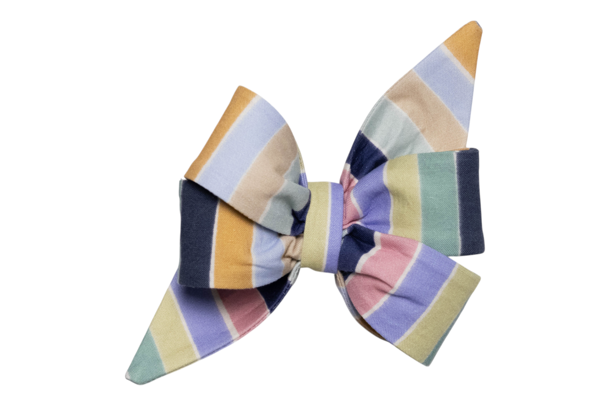 A large feminine dog belle bow with layered loops and pointed tails, made of fabric with vertical pastel stripes