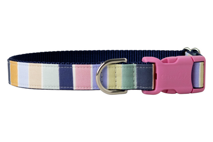 A dog collar with a multicolored vertical stripe pattern in pastel shades. The collar features a dark nylon woven backing, a plastic side-release buckle, and a metal D-ring.