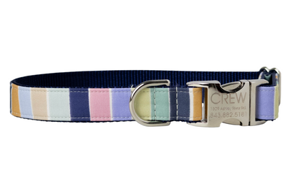 A dog collar with a multicolored vertical stripe pattern in pastel shades. The collar features a dark nylon woven backing, a metal side-release buckle, and D-ring.