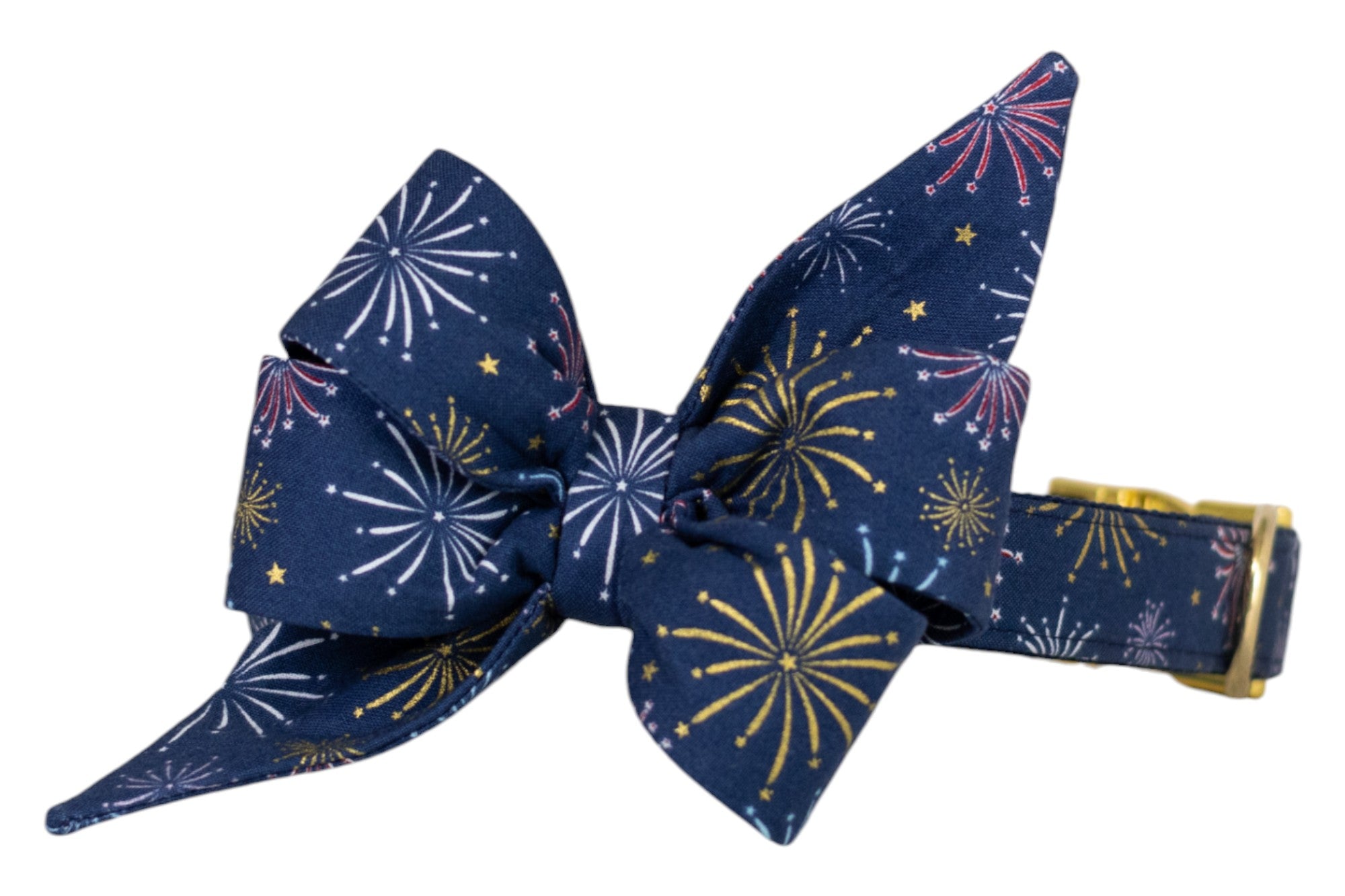 Fireworks-themed dog bow tie and collar set, featuring vibrant bursts of color and golden accents on a navy background. Perfect for July 4th or any celebration!