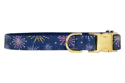 Stylish navy dog collar adorned with colorful fireworks and golden stars, finished with a polished gold buckle and D-ring. Perfect for July 4th or everyday!