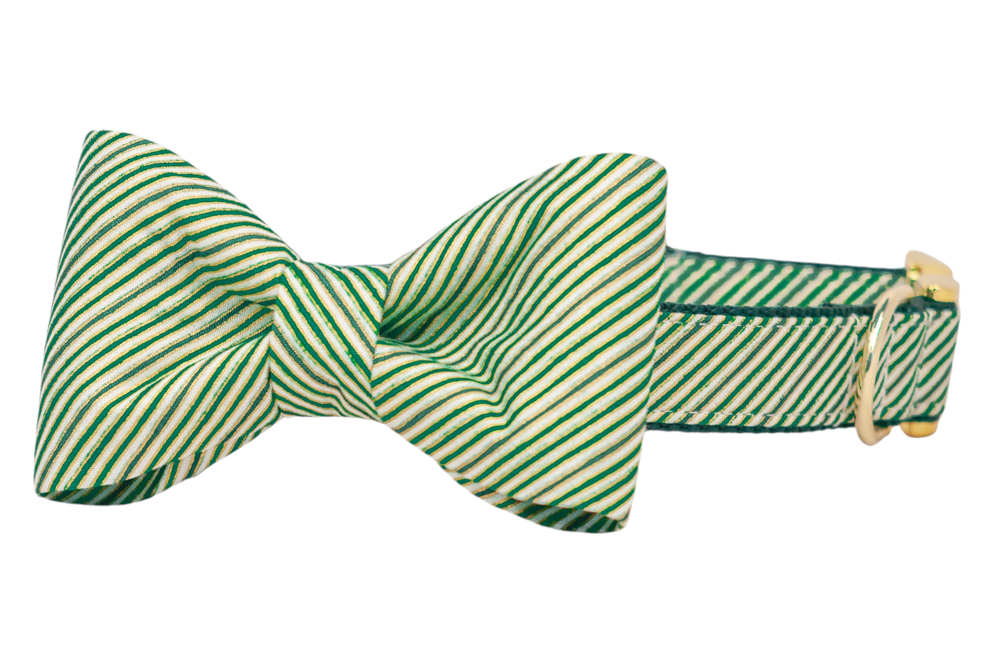 A festive dog collar with an attached bow tie, both made from fabric featuring diagonal green stripes. The bow tie is centered with a neat, symmetrical shape, while the collar is reinforced with green webbing and finished with polished  hardware, including an adjustable buckle and D-ring.