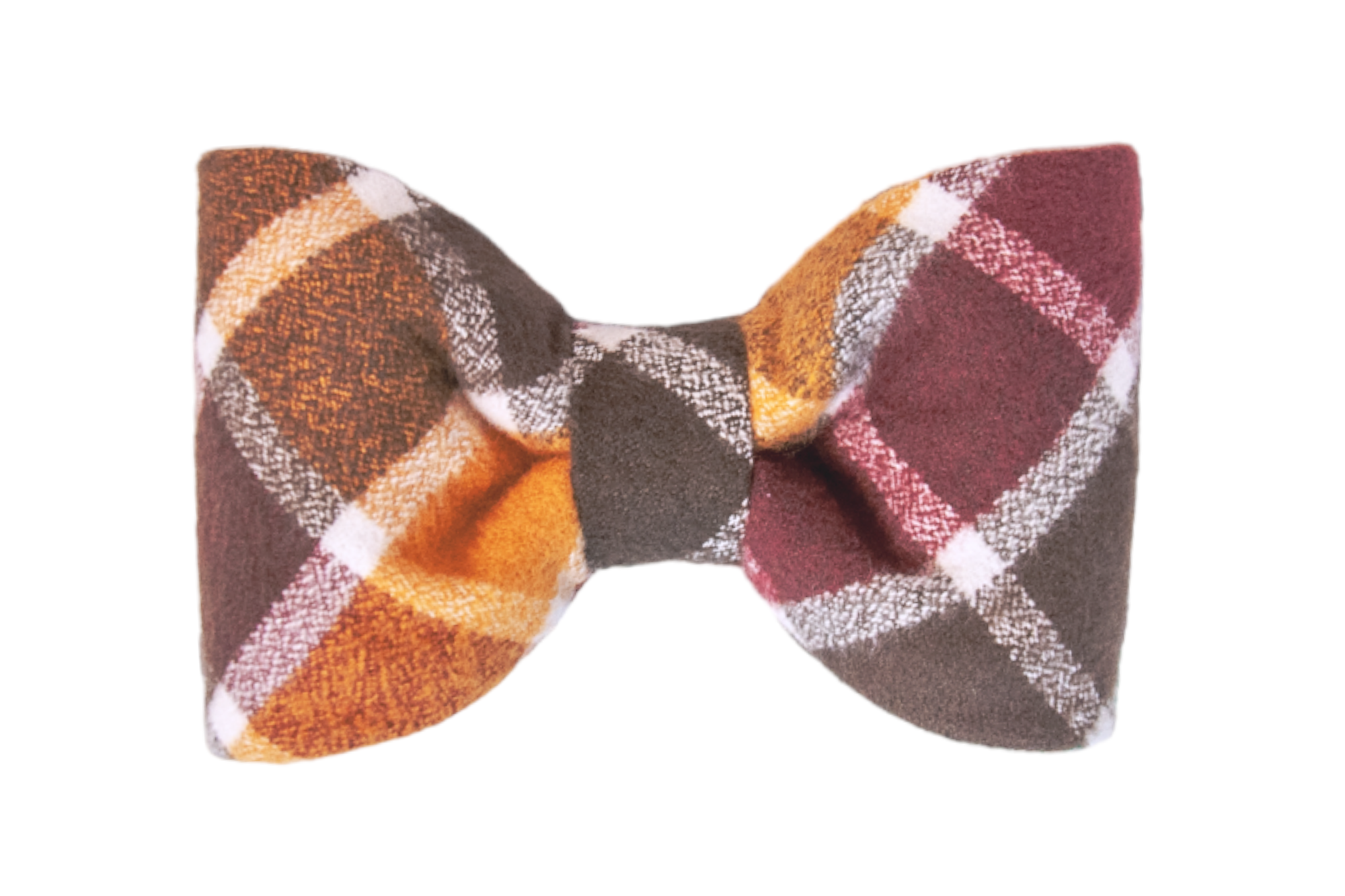 Fall-inspired tartan dog bow tie in rich hues accented with crisp light lines, featuring a soft flannel, puffed side loops, and a neatly wrapped center that holds the bow’ tie's structure.