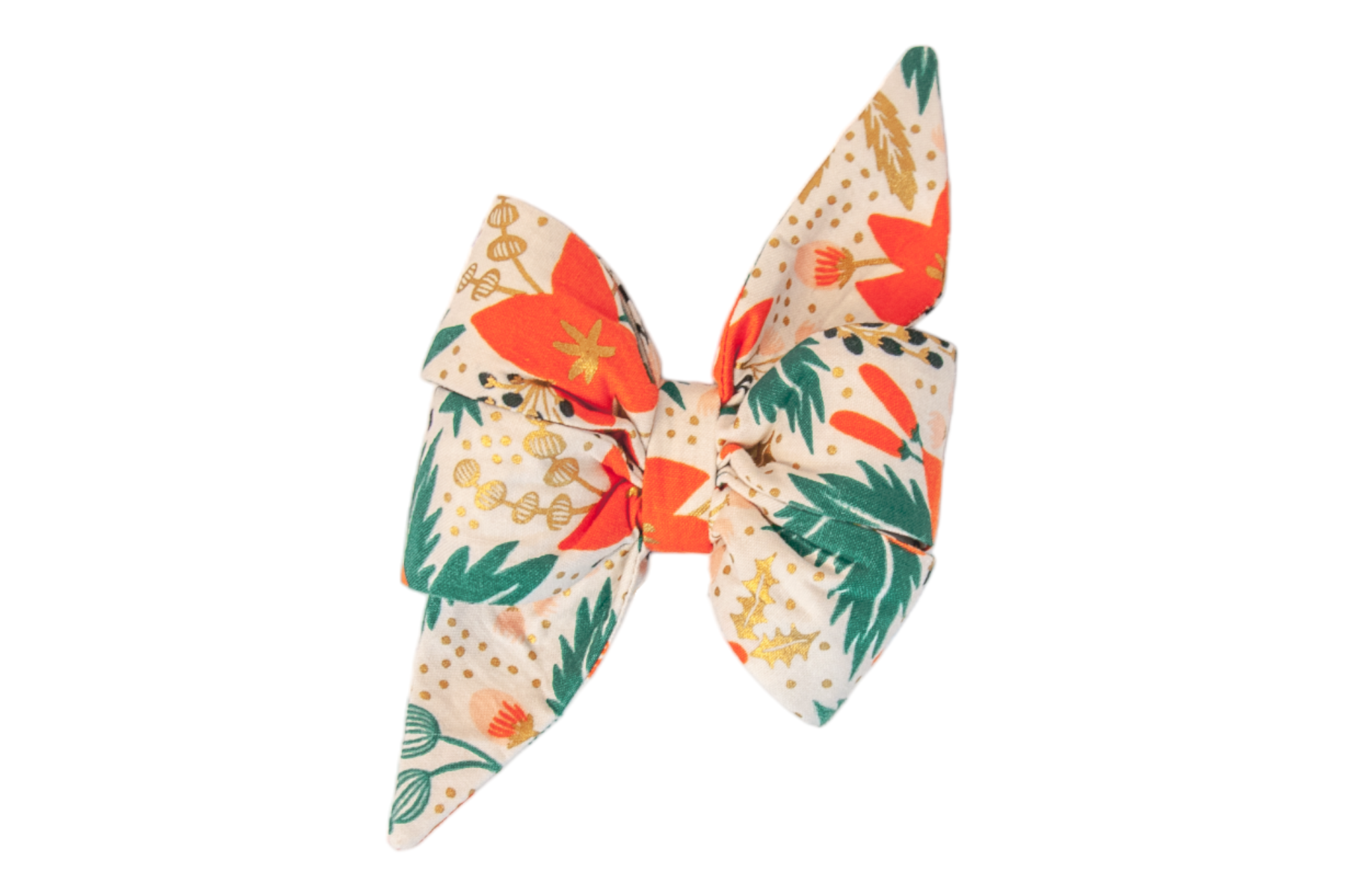 Bold and beautiful, this oversized dog belle bow features vibrant orange florals and metallic touches, making it the ultimate accessory for pups who love to show off their chic style.