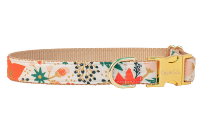 Bright and cheerful, this adjustable dog collar pops with colorful orange botanical prints and polished hardware — the perfect blend of function and seasonal flair.