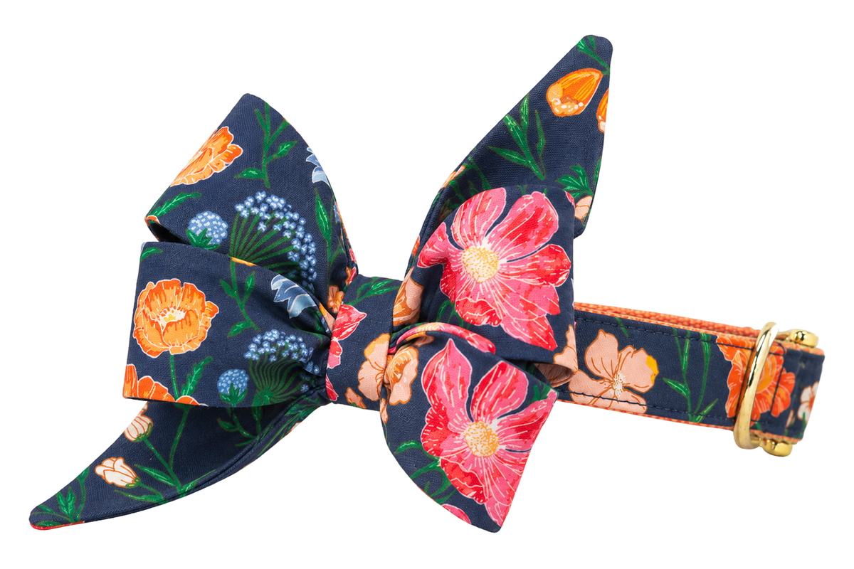 Dog collar featuring a large belle bow in Stately Stems fabric, a dark charcoal navy print with coral pink and orange poppies, blue and white blossoms and green stems, attached to a matching Stately Stems collar with a nylon inner lining and gleaming gold hardware, including a D-ring and buckle.