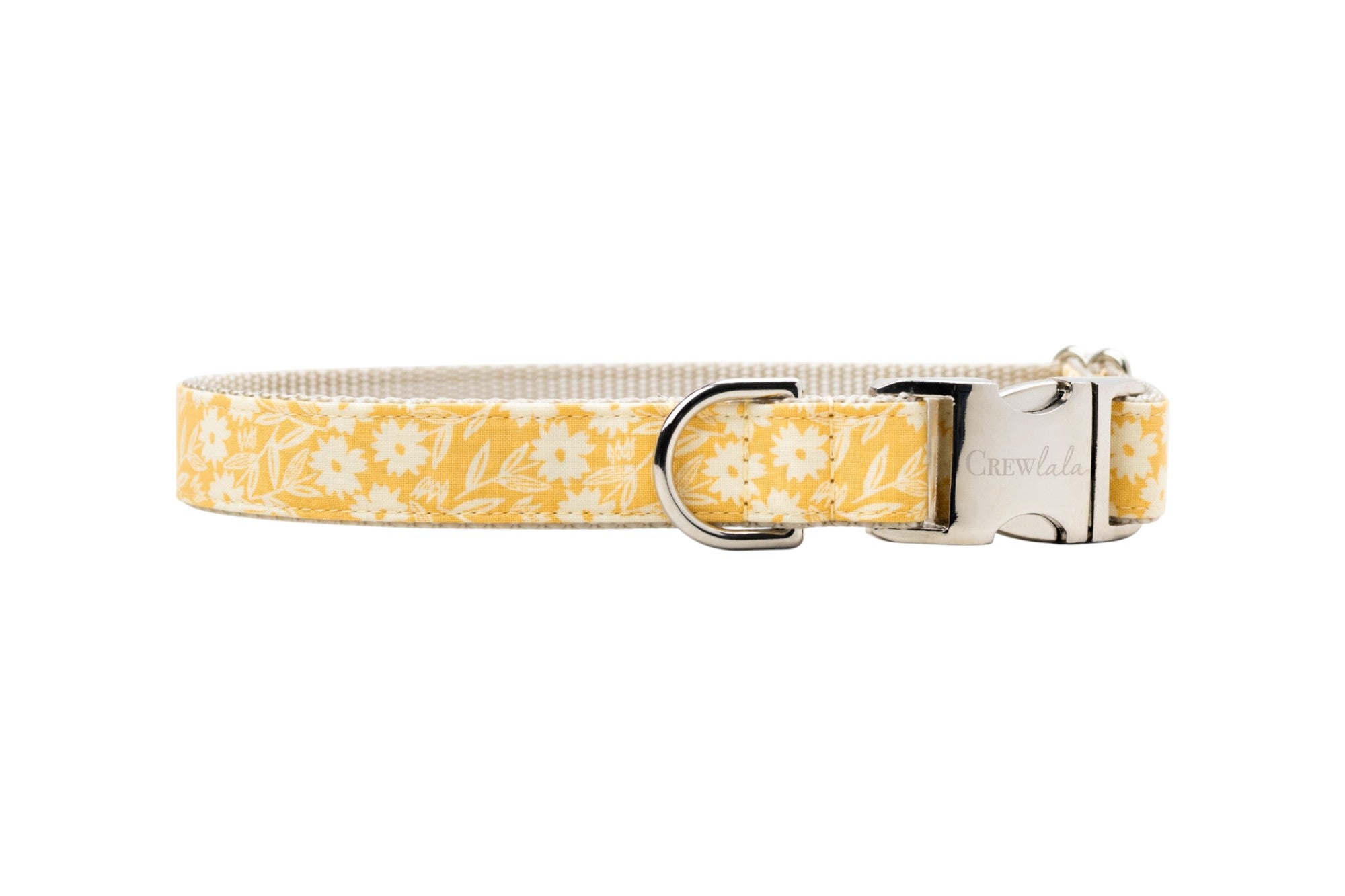 Sunny yellow pet collar featuring delicate white flowers and polished silver hardware