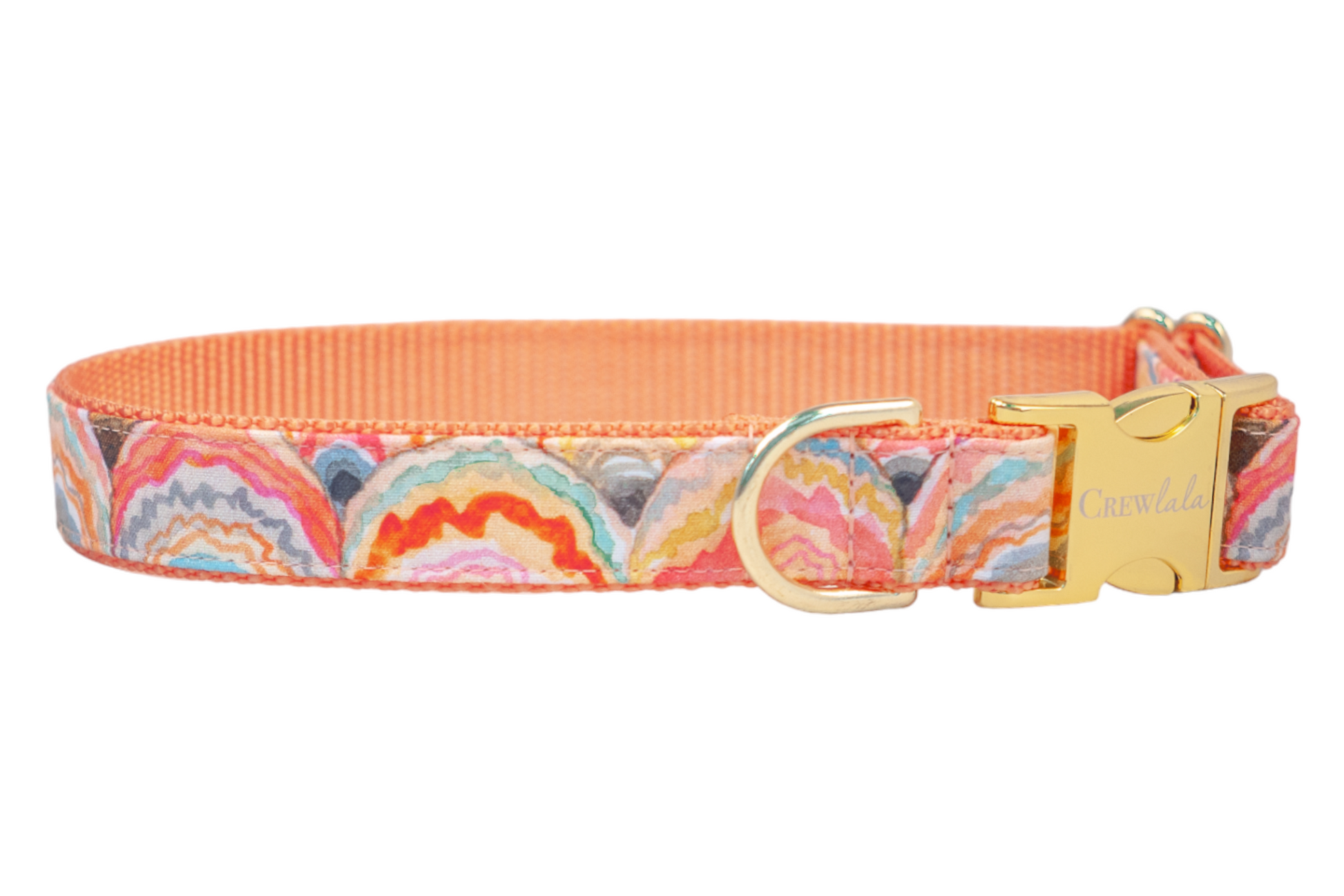 Dog collar with a vibrant scallop shell pattern in orange, pink, blue, and gold tones, featuring a shiny gold buckle and D-ring, and an orange webbing interior.