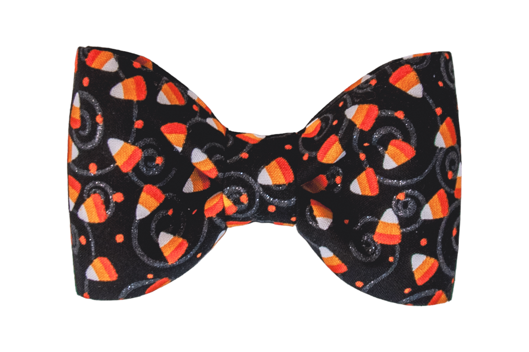 Halloween bow tie for dogs featuring a black fabric patterned with bright candy corn pieces. The design is accented with playful swirls and tiny dots, creating a fun, seasonal accessory for fall celebrations.