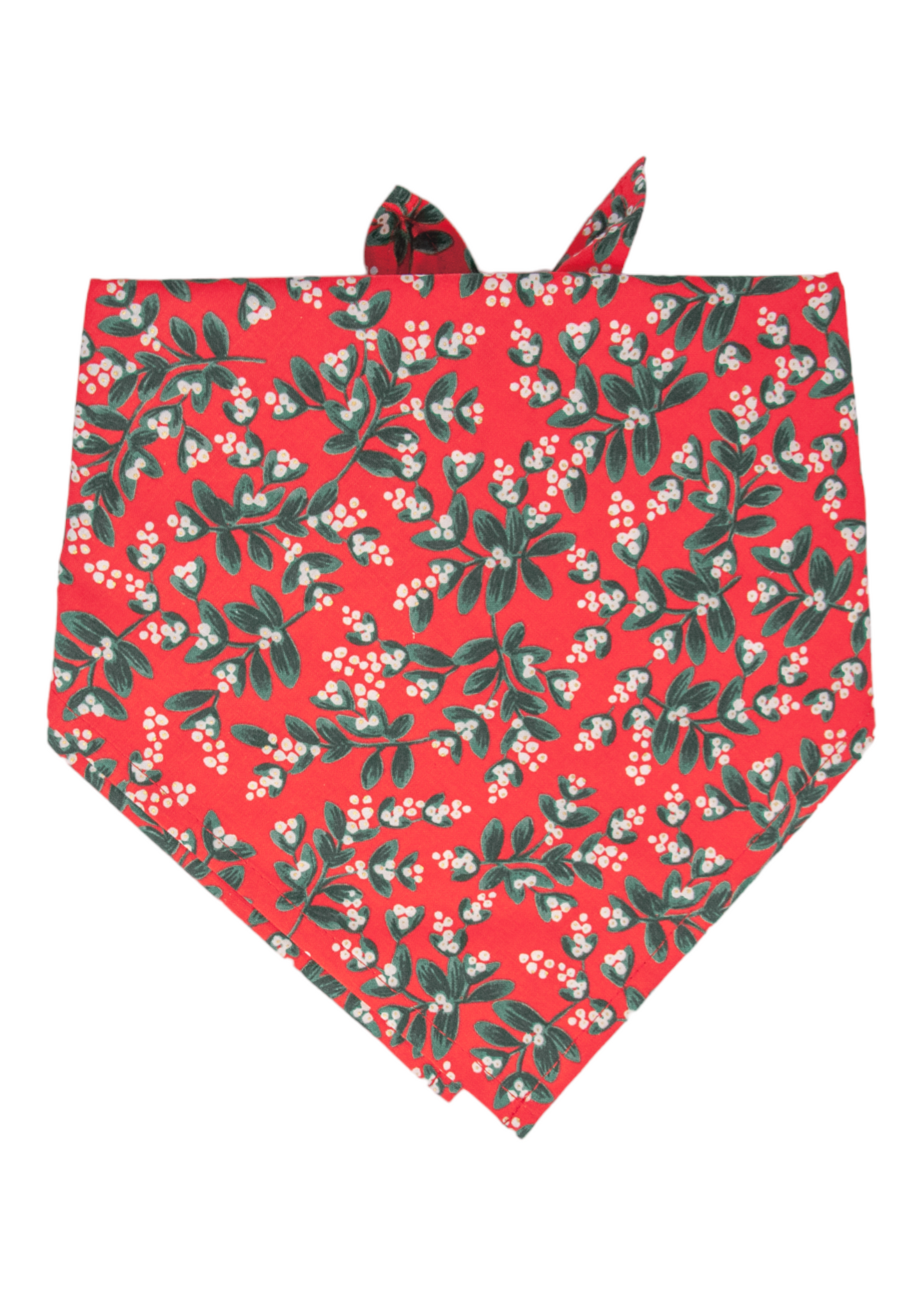 Cheerful holiday dog bandana in bright red, covered in a dense mistletoe pattern with foliage and berries, folded in a pointed triangle shape for a cozy and stylish seasonal look.