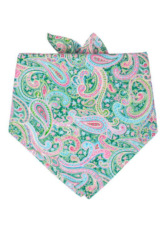 A vibrant paisley dog bandana with colorful swirling designs in shades of blue, pink, green, and white. The fabric is folded into a triangle and tied at the top, showcasing the detailed and energetic pattern.