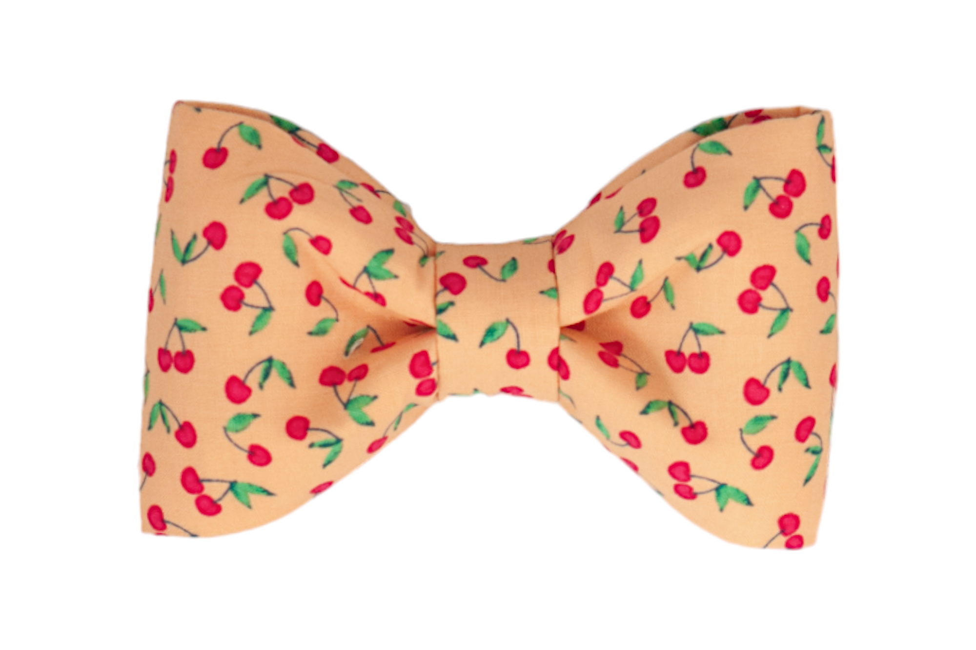 Add a touch of summer charm with this cherry-printed dog bow tie on a warm peach background.