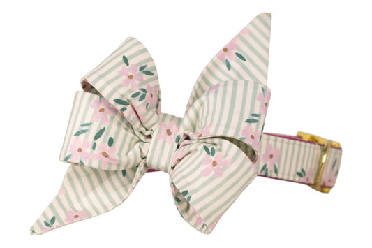Floral belle bow collar for girl dogs featuring a pastel green and cream stripe pattern with scattered pink blossoms and a gold buckle.