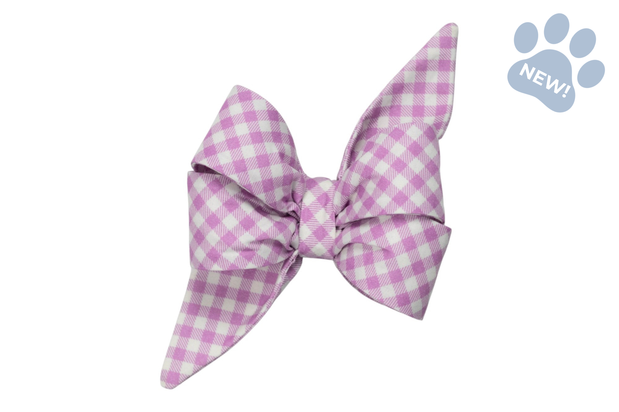 Violet and white gingham belle bow for dogs with structured loops and pointed ends.