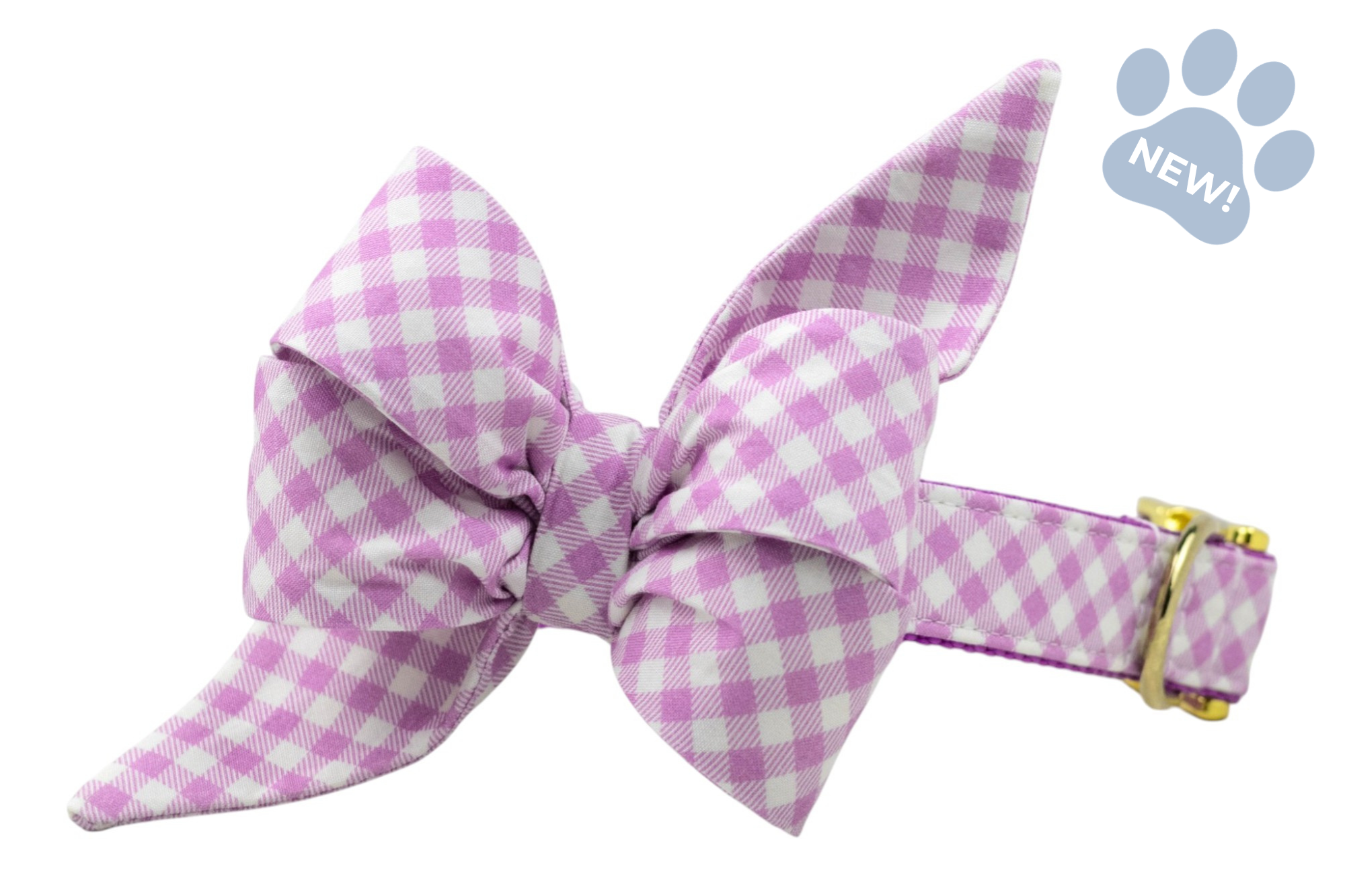 Close-up of a violet checkered fabric bow with a symmetrical shape, displayed against a clean white backdrop.