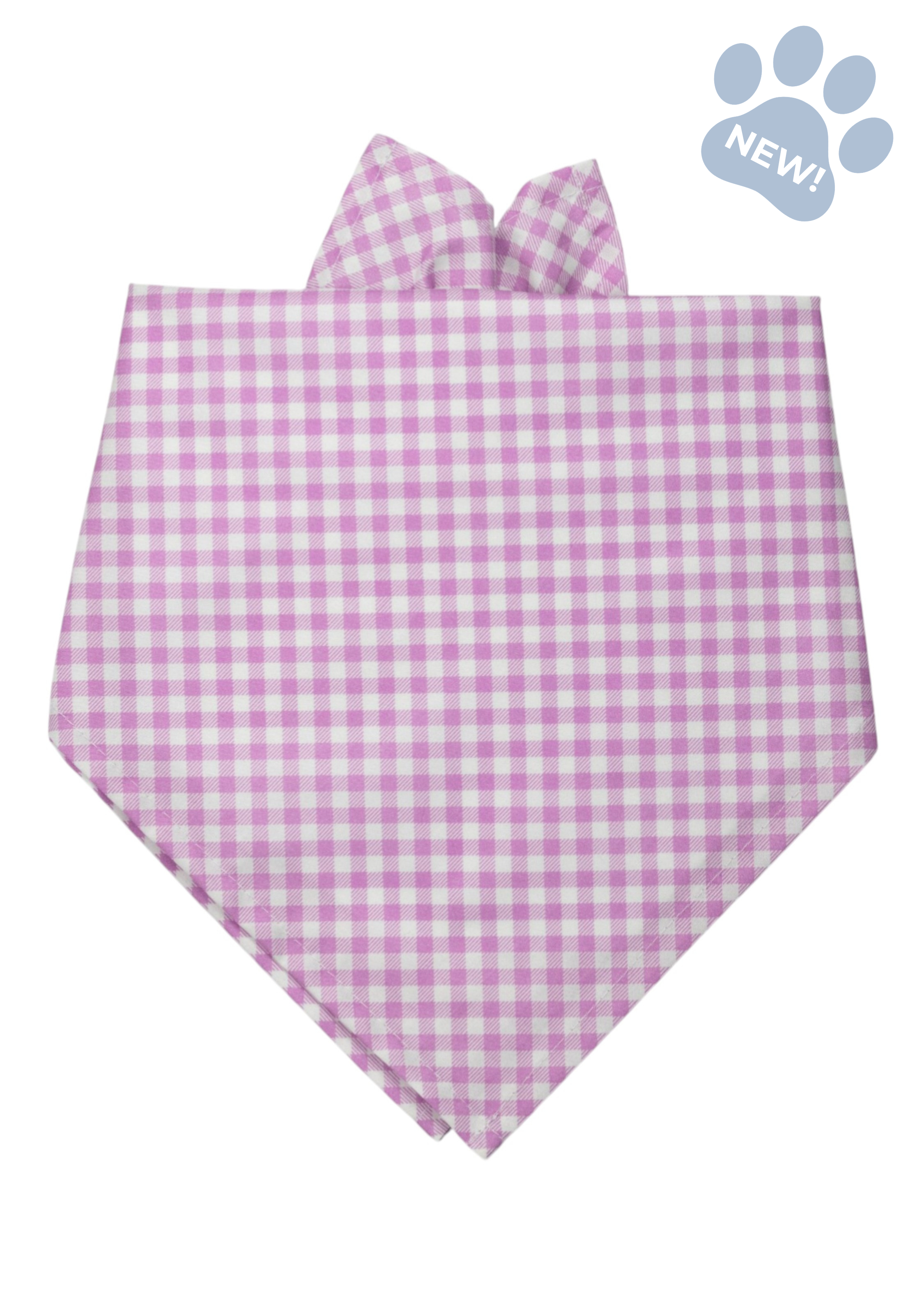 Violet gingham dog bandana with a crisp pointed tip and tied ends at the top.