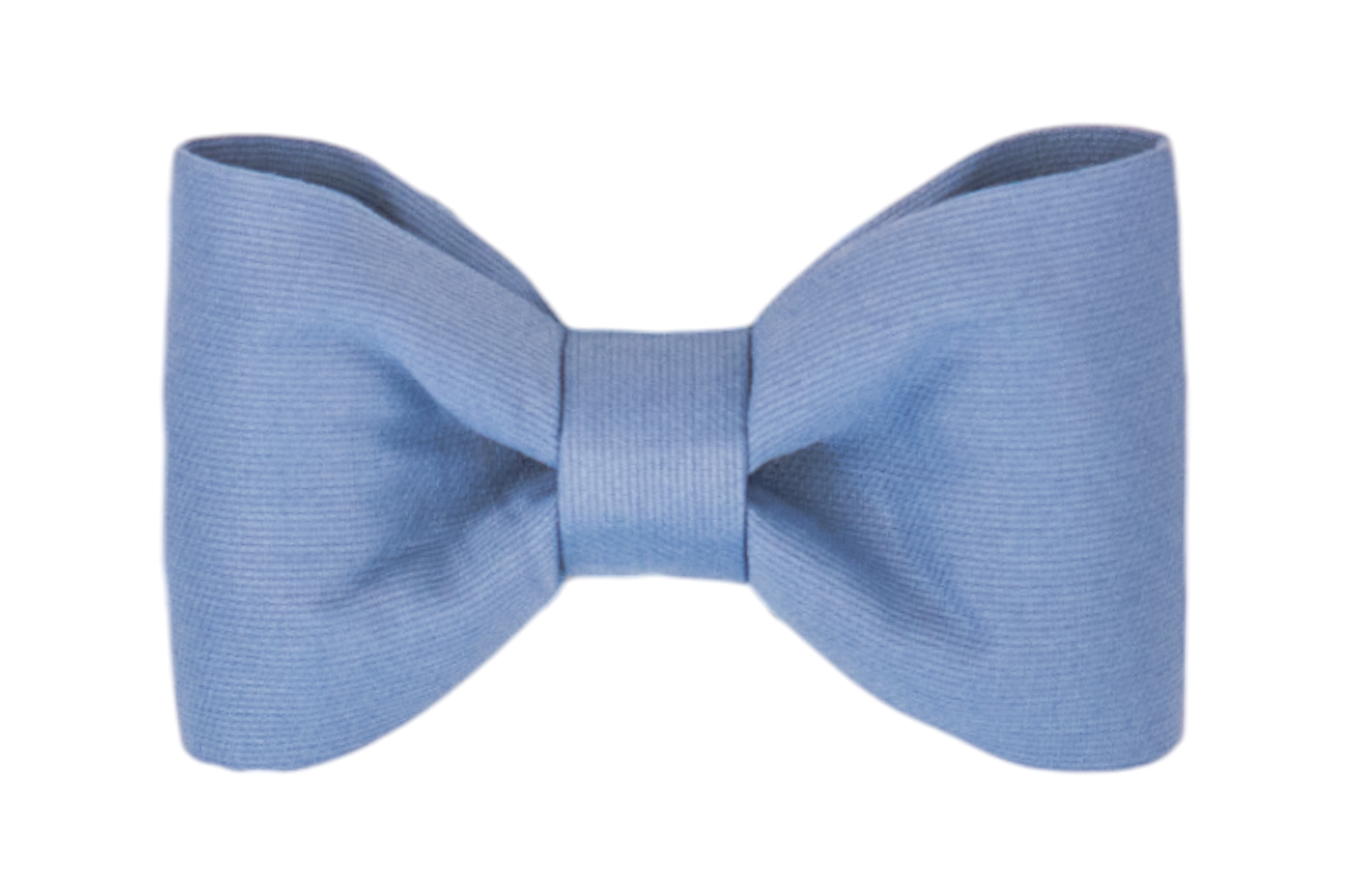 Close-up of a simple yet elegant dog bow tie in a soft slate blue color. The bow tie is crafted with lightly textured cotton fabric, featuring structured curves on each side and a tight center wrap that holds the form evenly. Designed for easy attachment to a dog collar.