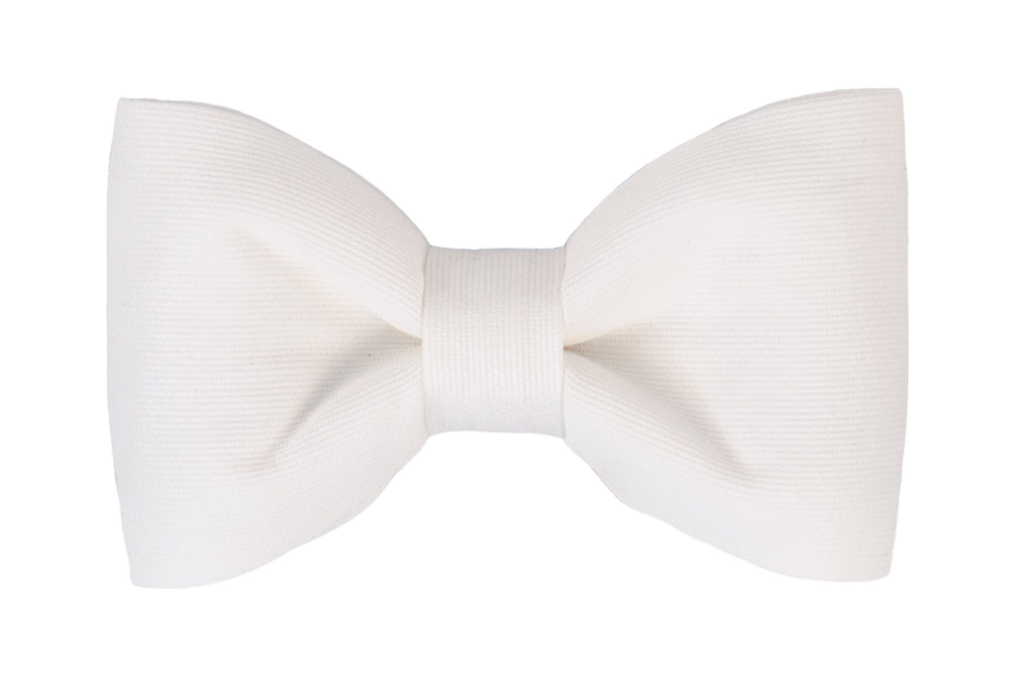 Classic white fabric dog bow tie with a structured, formal design and evenly folded sides, isolated against a plain white backdrop.