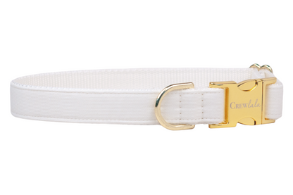 Elegant white adjustable dog collar with reinforced stitching, polished gold hardware including a D-ring and branded buckle, displayed flat on a white backdrop.